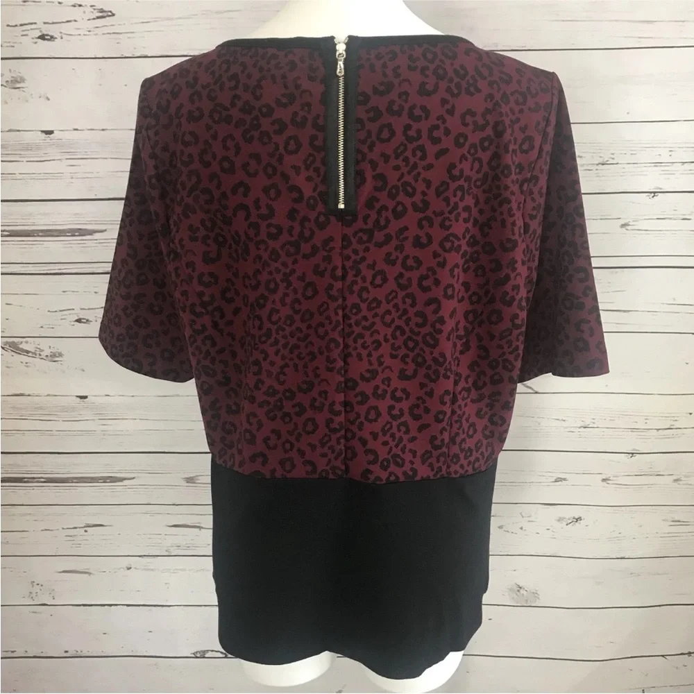 Ann Taylor Womans XXL Burgundy Wine Black Animal Print Top Blouse Zipper NWT $69